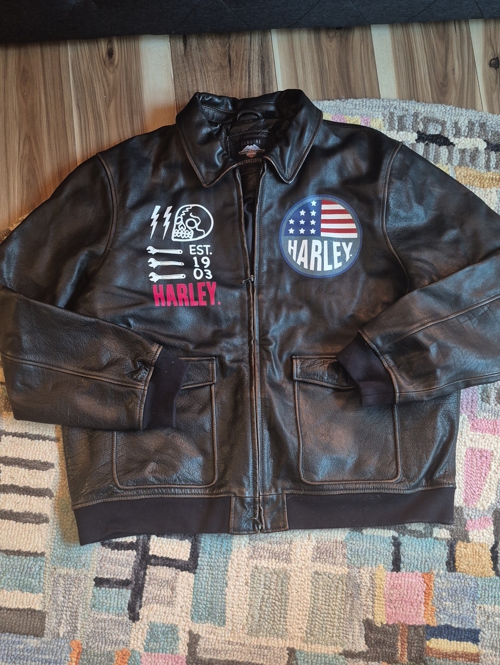 Harley-Davidson Brown Leather Bomber Jacket with Painted Accents And Kustom Kat.